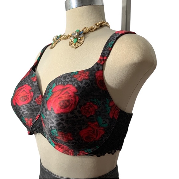 SWEET NOTHINGS Black and Red Roses Push Up Bra Size 38 DD. - Picture 6 of 9